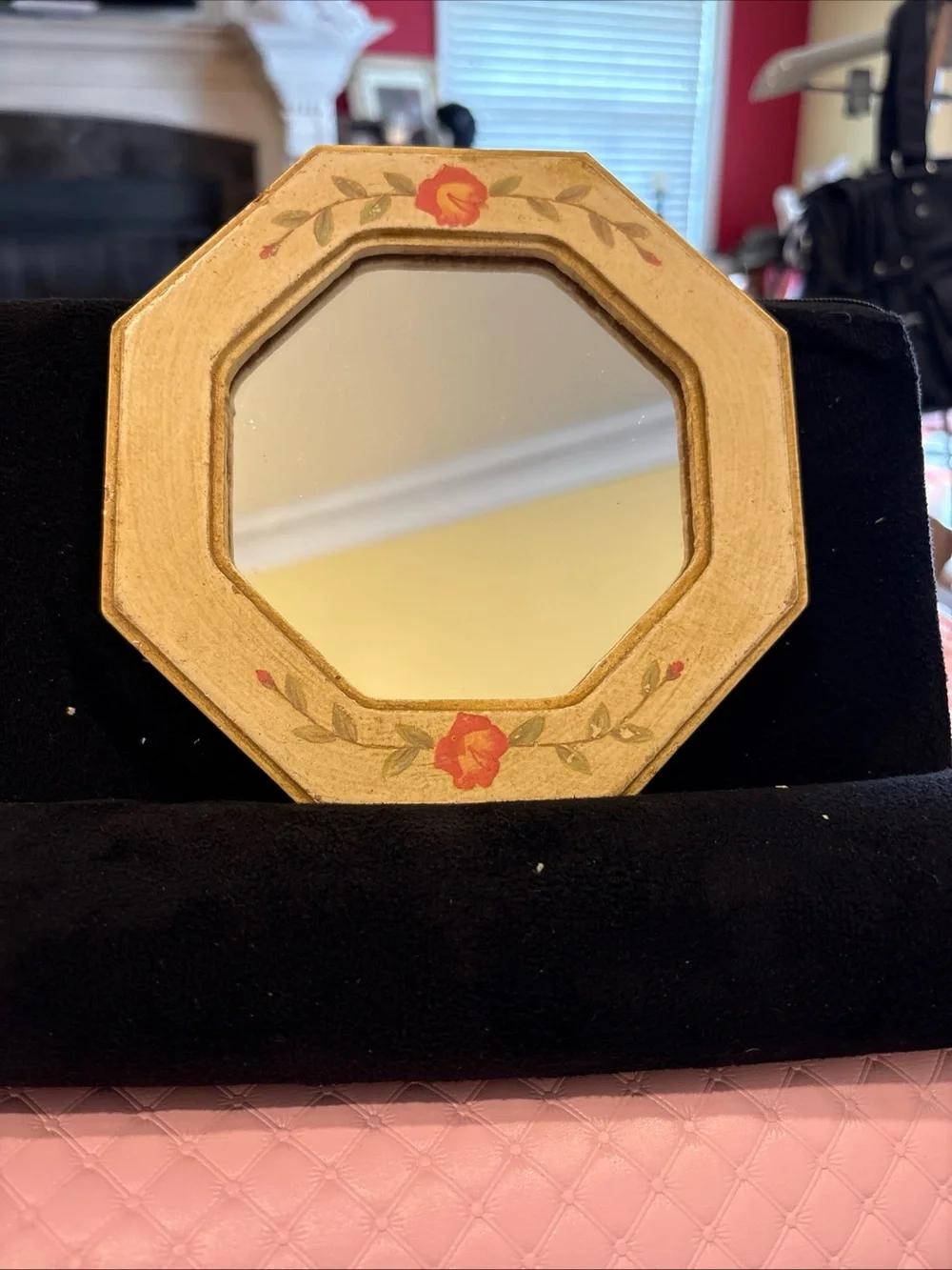 Octagonal Cream Wall Mirror with Red Floral Detail